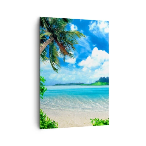 Quadro su tela - Stampe su Tela - Spiaggia tropicale con palme e vista sull'isola - 70x100cm - L'azzurro dei tropici - Decorazione murale moderna per soggiorno e camera da letto ARTTOR