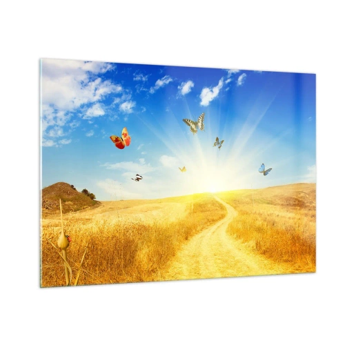 Quadro su vetro - Farfalle che volteggiano su una strada sterrata all'alba - 100x70cm - Come non amare l'estate? - Decorazione murale moderna per soggiorno e camera da letto ARTTOR