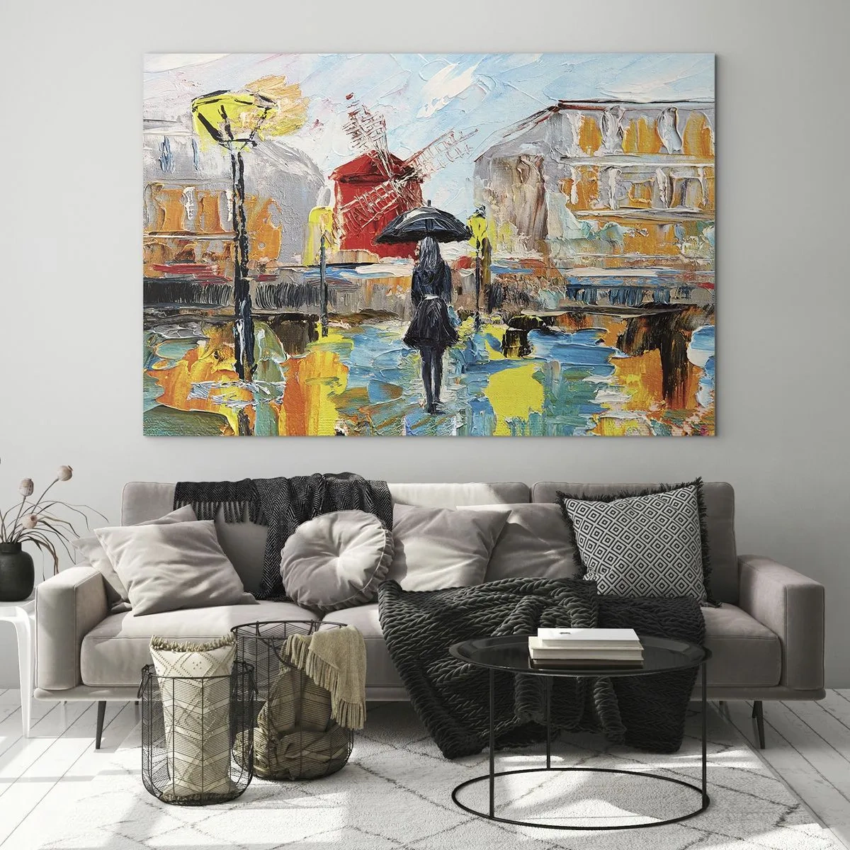 Quadro su vetro - Una donna con un ombrello sullo sfondo di una città nello stile dell'impressionismo - 70x50cm - Leggende di Parigi - Decorazione murale moderna per soggiorno e camera da letto ARTTOR