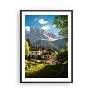 Poster in cornice nera - Un villaggio di montagna ai piedi di maestose vette - 50x70cm - Idillio alpino - Decorazione murale moderna per soggiorno e camera da letto ARTTOR