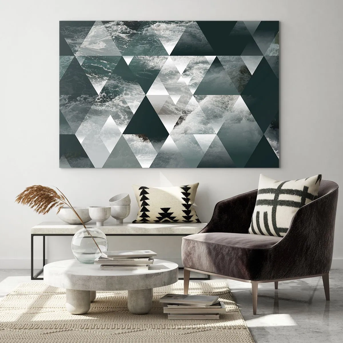 Quadro su vetro - Composizione astratta di triangoli con motivo a onde d'acqua - 120x80cm - Prospettiva di cristallo - Decorazione murale moderna per soggiorno e camera da letto ARTTOR