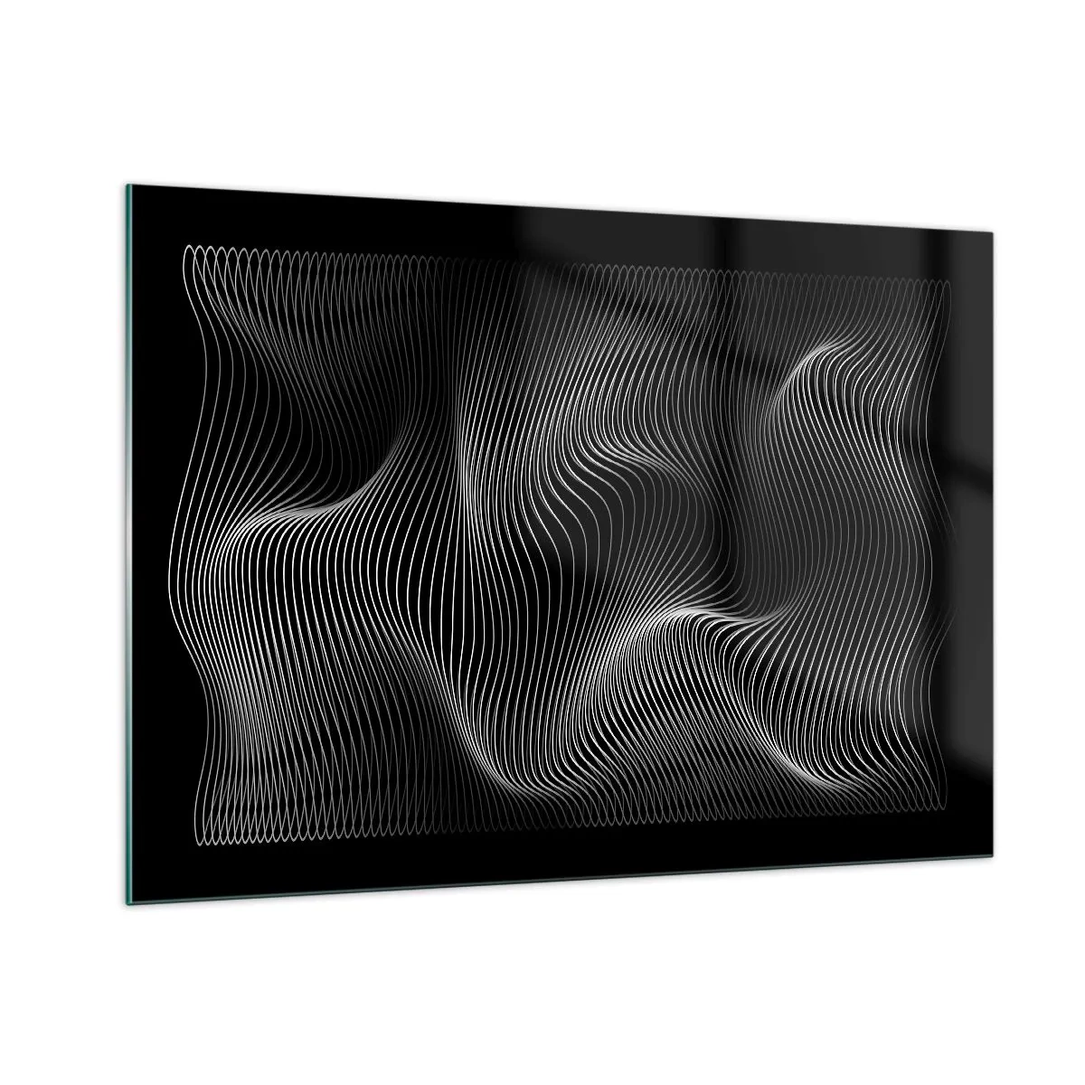 Quadro su vetro - Ipnotizzanti linee bianche che si increspano su uno sfondo nero - 100x70cm - La danza della luce nello spazio - Decorazione murale moderna per soggiorno e camera da letto ARTTOR