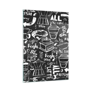 Quadro su vetro - Grafica e scritte a tema caffè su sfondo nero in stile retrò - 50x70cm - All you need is… - Decorazione murale moderna per soggiorno e camera da letto ARTTOR