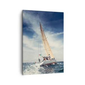 Quadro su tela - Stampe su Tela - Una barca a vela su un mare in tempesta sotto un cielo azzurro - 50x70cm - Non ci raggiungeranno! - Decorazione murale moderna per soggiorno e camera da letto ARTTOR