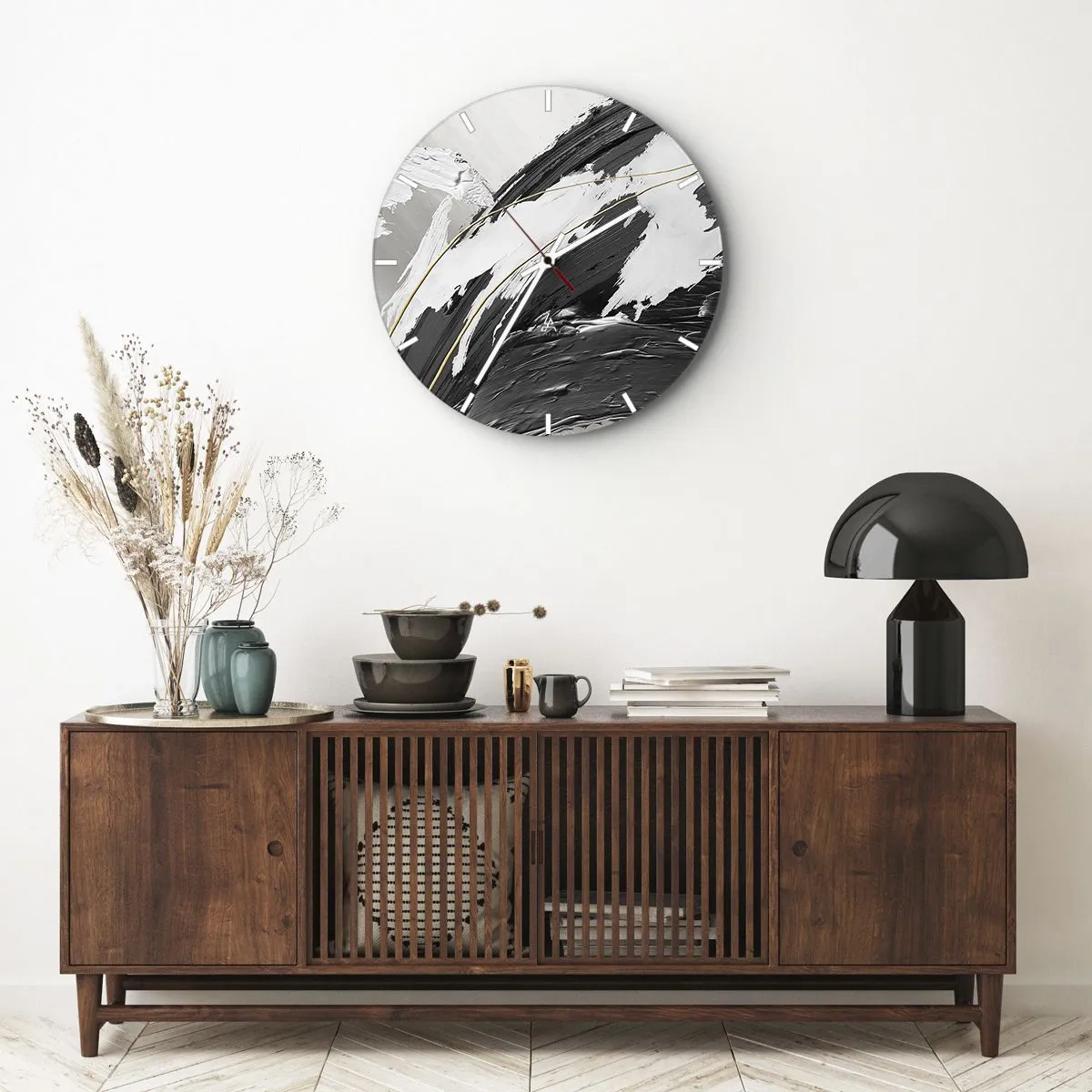 Orologio da parete - Orologio in Vetro - Pennellate dinamiche in nero, bianco e grigio - 30x30cm - Astrazione con sfarzo - Decorazione murale moderna per soggiorno, cucina e camera da letto ARTTOR