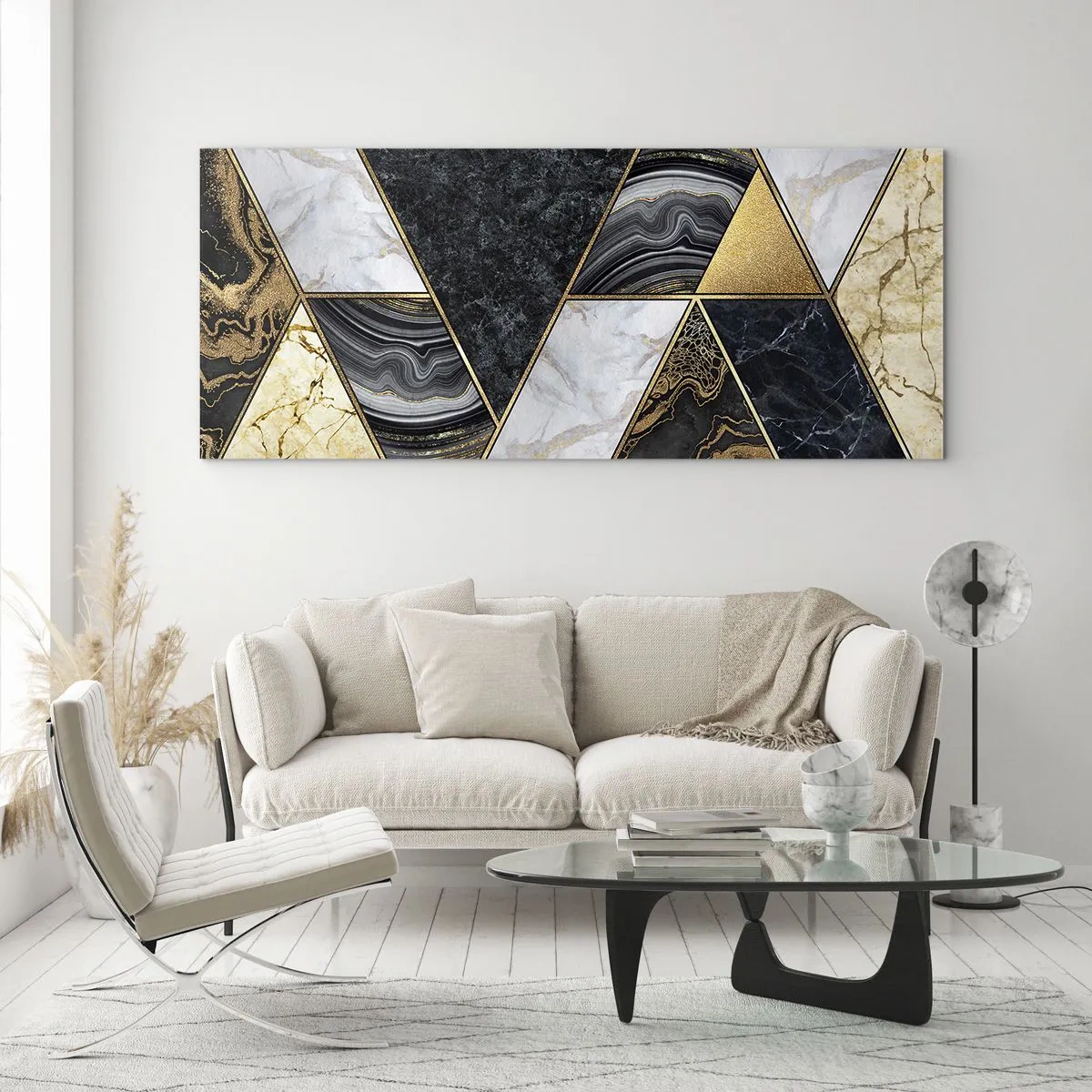 Quadro su vetro - Triangoli geometrici in oro, marmo e tonalità scure - 140x50cm - Pietra su pietra - Decorazione murale moderna per soggiorno e camera da letto ARTTOR