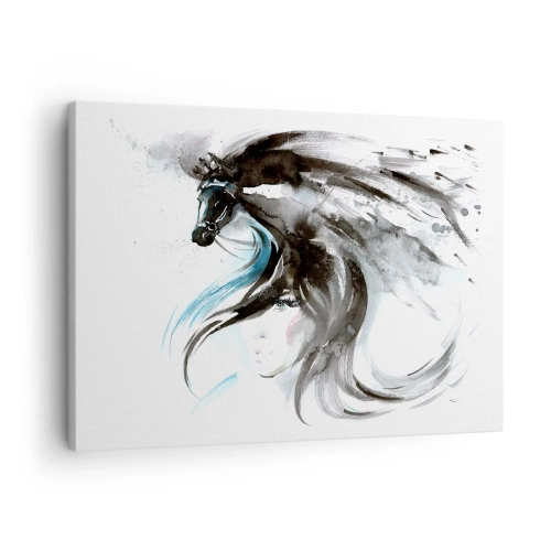 Quadro su tela - Stampe su Tela - Una donna e un cavallo in un acquerello mistico e pieno di dinamiche - 70x50cm - Il galoppo del Principe Nero - Decorazione murale moderna per soggiorno e camera da letto ARTTOR