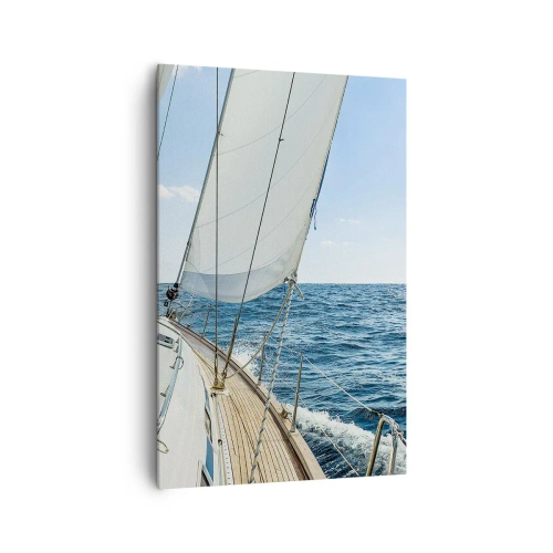 Quadro su tela - Stampe su Tela - Una barca a vela su un mare calmo sotto un cielo azzurro - 80x120cm - Benvenuta avventura - Decorazione murale moderna per soggiorno e camera da letto ARTTOR