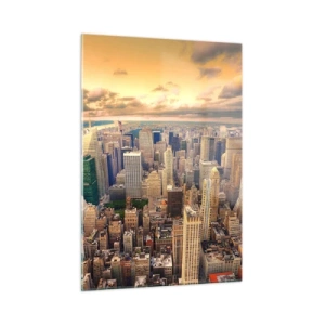 Quadro su vetro - Panorama della città con grattacieli al tramonto - 50x70cm - Metropolis dorata - Decorazione murale moderna per soggiorno e camera da letto ARTTOR