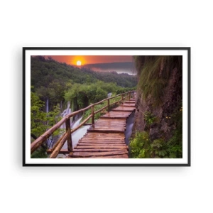 Poster in cornice nera - Un ponte che domina le cascate al tramonto - 100x70cm - Una bellezza incredibile - Decorazione murale moderna per soggiorno e camera da letto ARTTOR