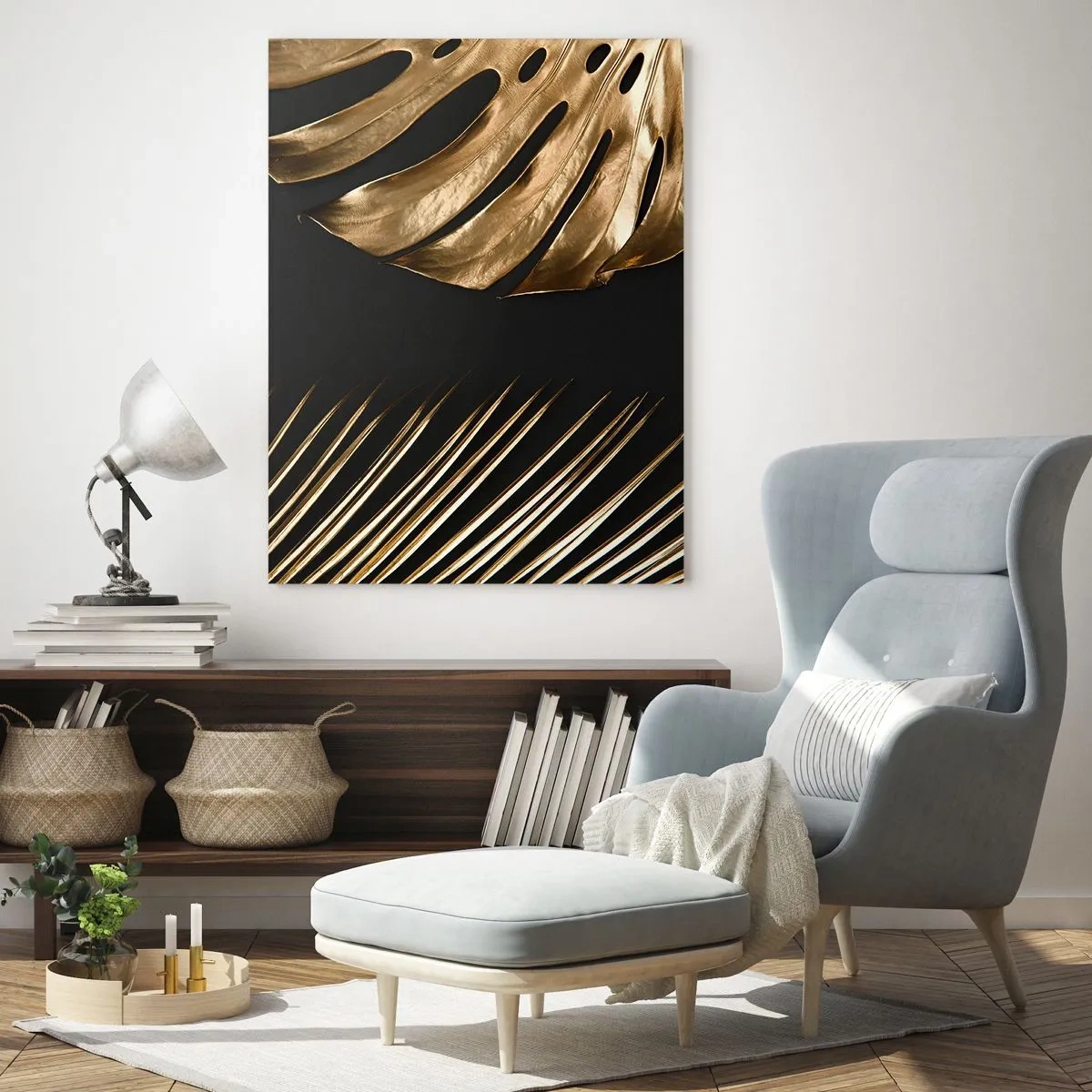 Quadro su vetro - Foglie di palma dorate e monstera su sfondo nero - 50x70cm - Diverse, ma ugualmente care - Decorazione murale moderna per soggiorno e camera da letto ARTTOR