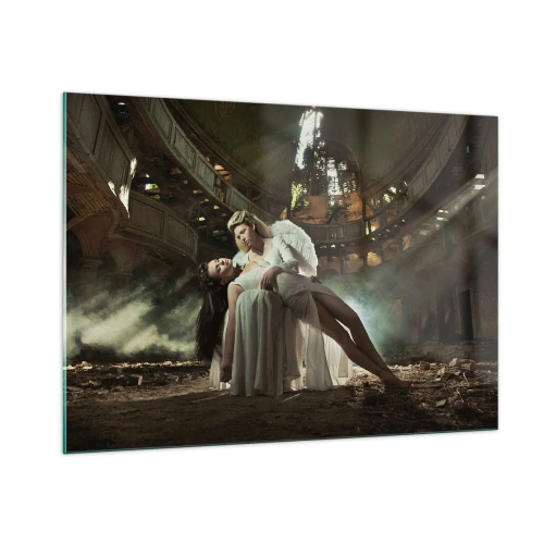 Quadro su vetro - Una figura angelica che tiene in braccio una donna tra le rovine di un edificio - 100x70cm - Lo spirito dell'antico teatro - Decorazione murale moderna per soggiorno e camera da letto ARTTOR