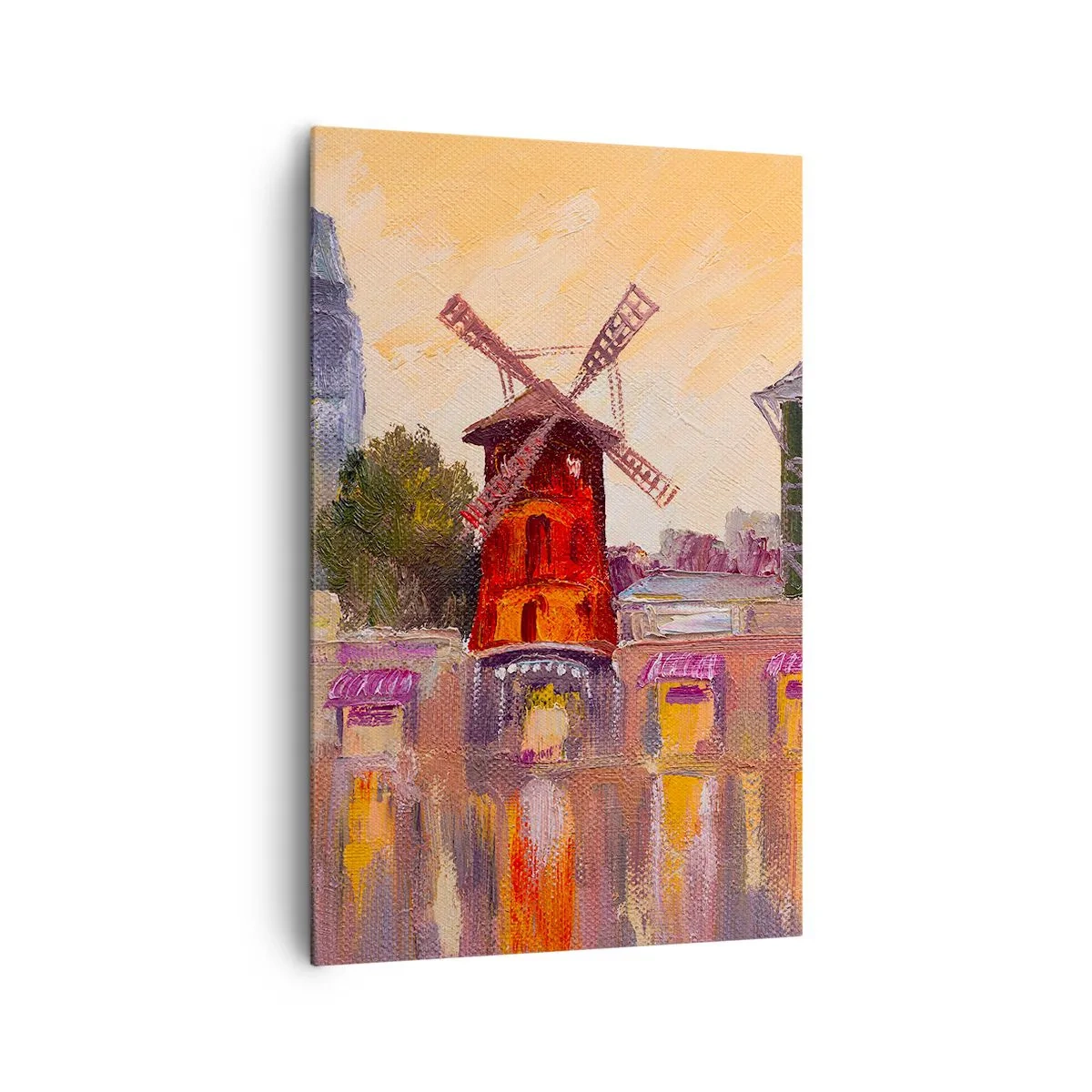 Quadro su tela - Stampe su Tela - Il mulino a vento rosso del Moulin Rouge circondato dal paesaggio urbano - 80x120cm - Le icone di Parigi: il Moulin Rouge - Decorazione murale moderna per soggiorno e camera da letto ARTTOR