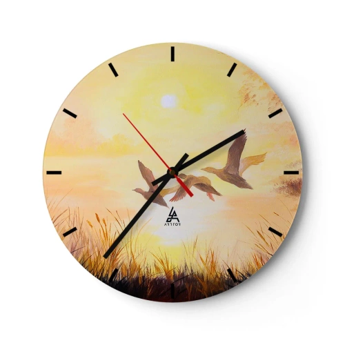 Orologio da parete - Orologio in Vetro - Anatre in volo sullo sfondo del sole al tramonto e dell'erba - 30x30cm - L'inizio di un lungo viaggio - Decorazione murale moderna per soggiorno, cucina e camera da letto ARTTOR