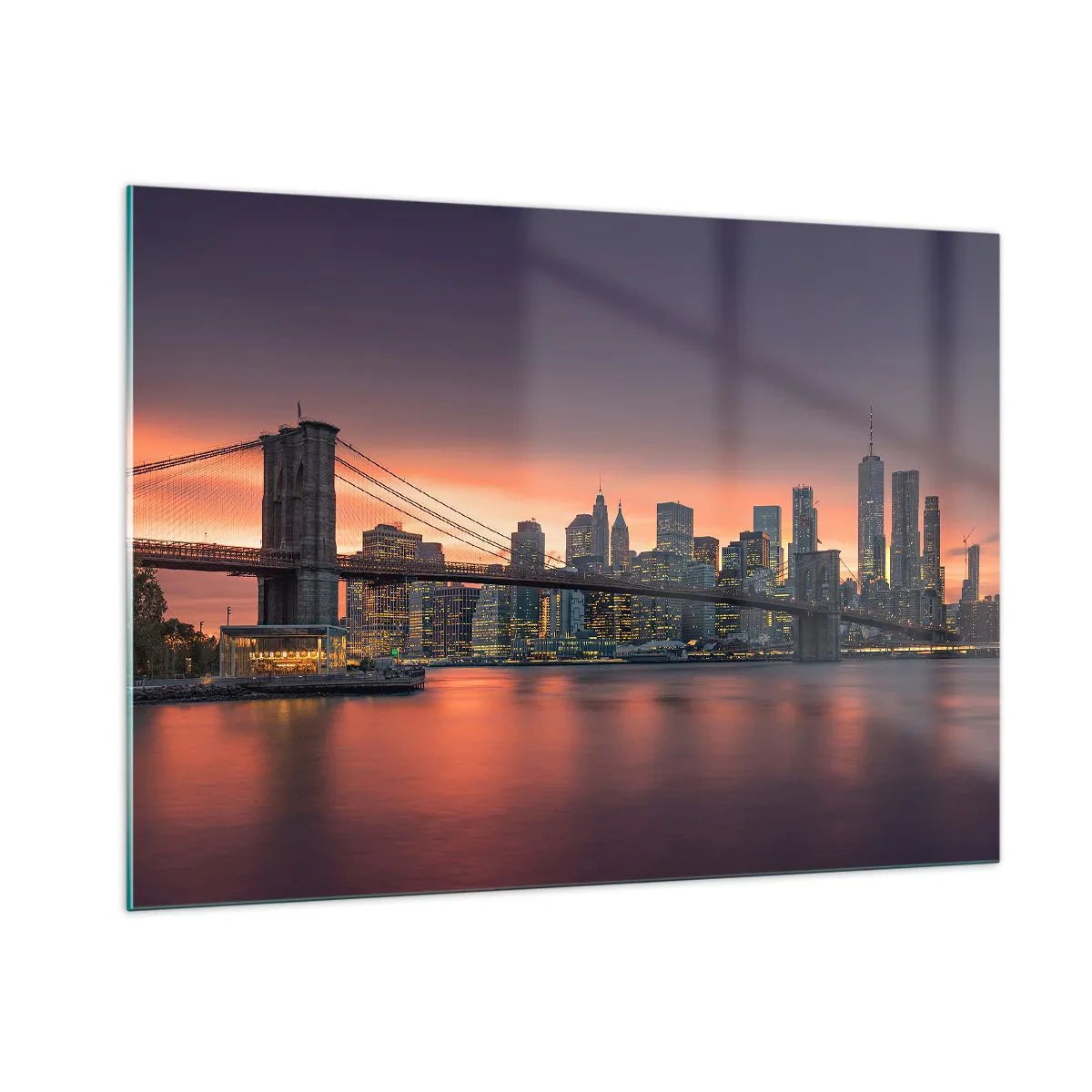Quadro su vetro - Ponte di Brooklyn al tramonto - 100x70cm - Immersa nel silenzio lilla - Decorazione murale moderna per soggiorno e camera da letto ARTTOR