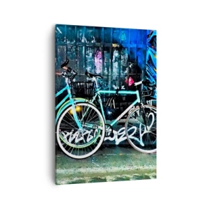 Quadro su tela - Stampe su Tela - Due biciclette turchesi sullo sfondo di graffiti urbani. - 50x70cm - La città chiama - Decorazione murale moderna per soggiorno e camera da letto ARTTOR