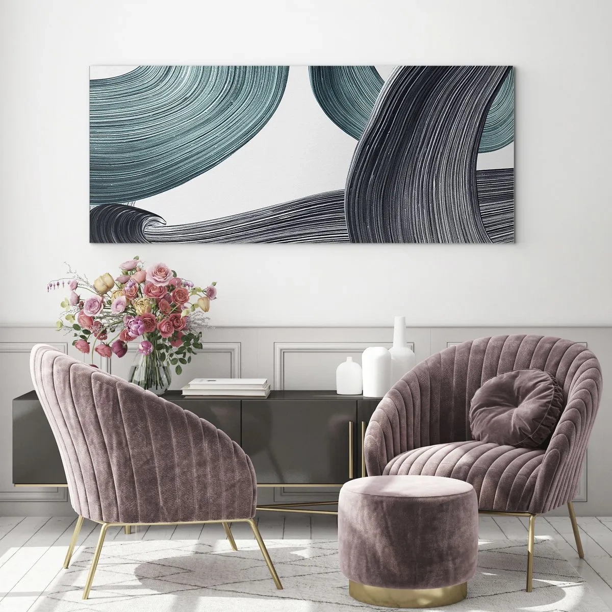 Quadro su vetro - Linee astratte fluide nelle tonalità del verde e del grigio - 160x50cm - Tracce smeraldo e nero - Decorazione murale moderna per soggiorno e camera da letto ARTTOR