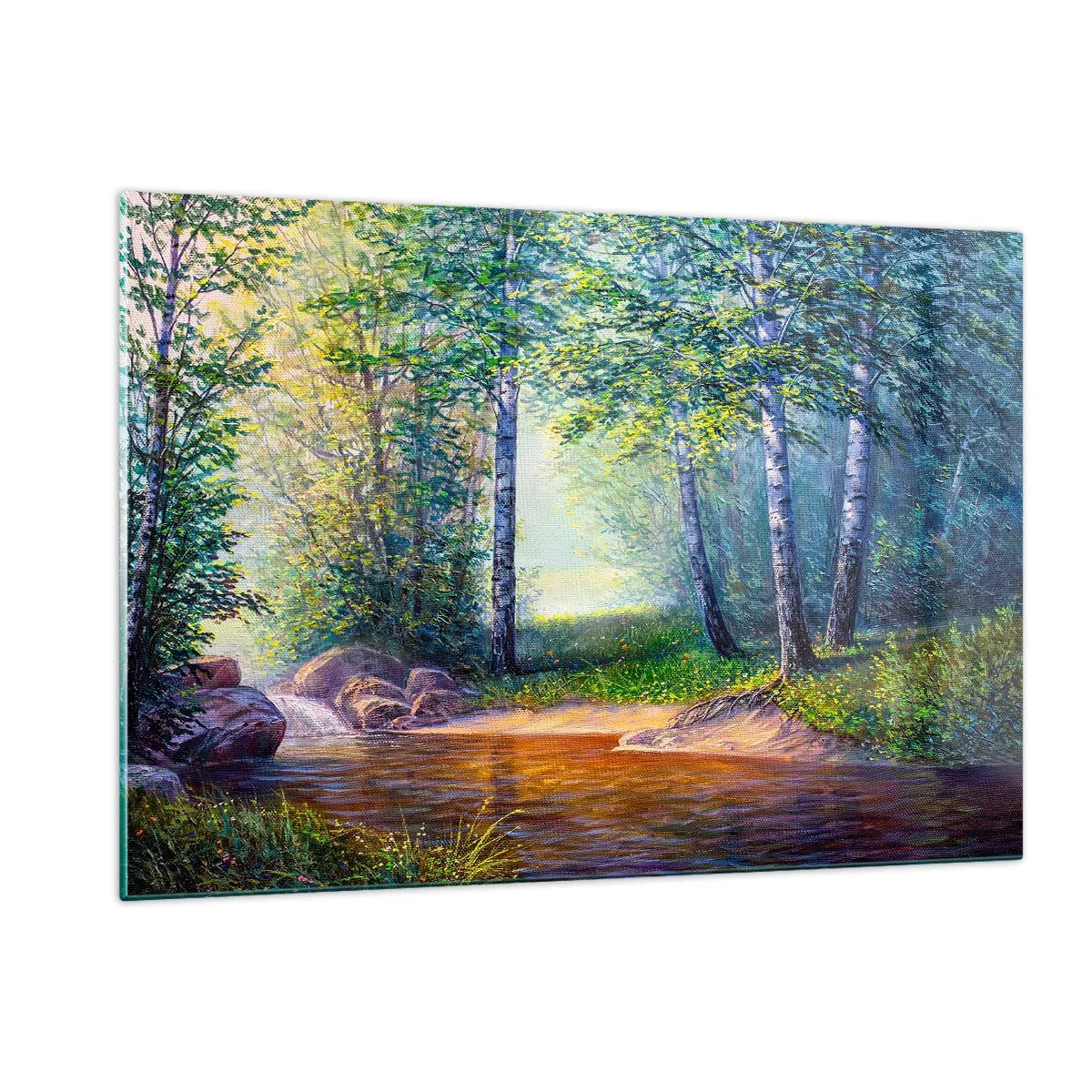 Quadro su vetro - Un ruscello nella foresta circondato da alberi sotto i raggi del sole - 120x80cm - Scena di beatitudine - Decorazione murale moderna per soggiorno e camera da letto ARTTOR