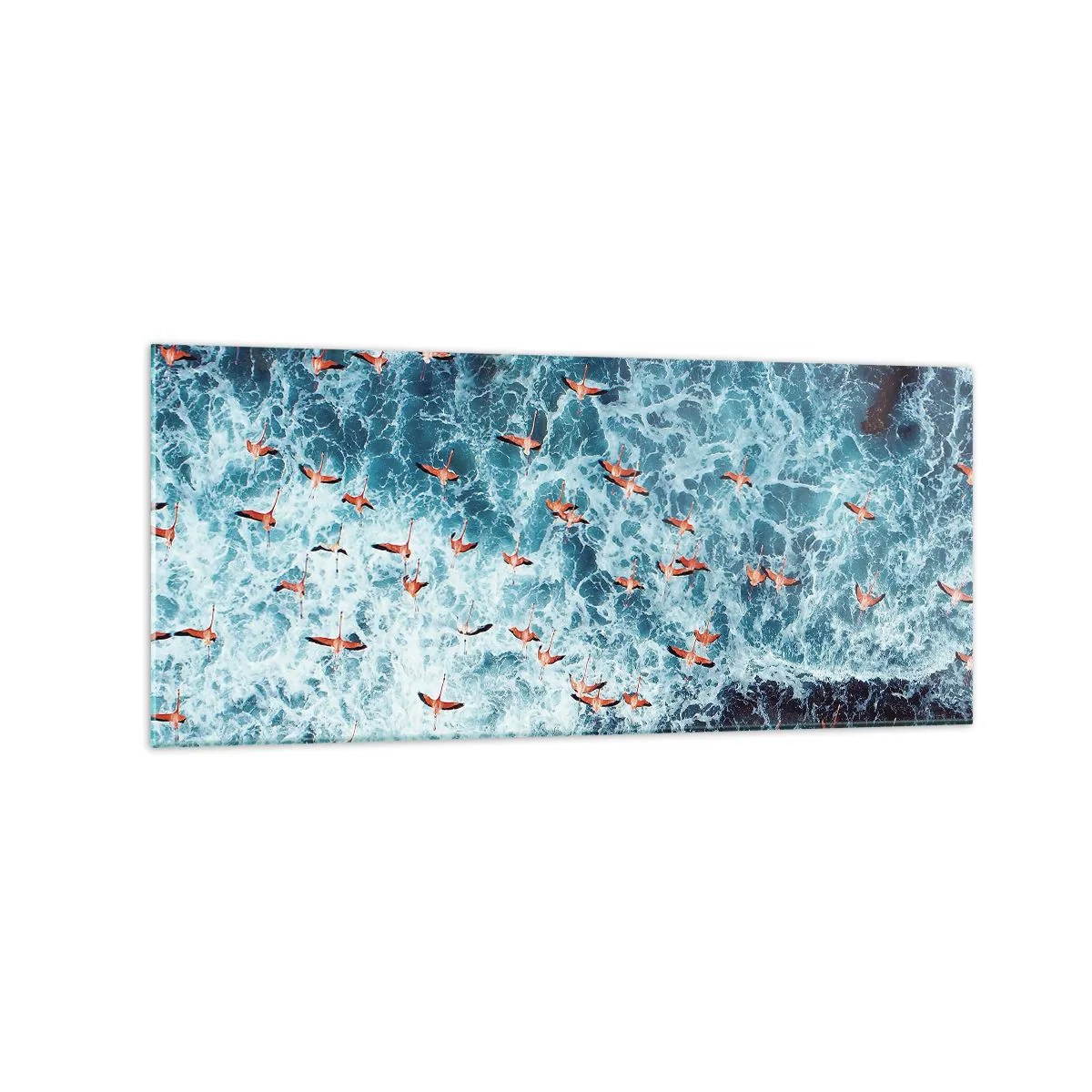Quadro su vetro - Una vista a volo d'uccello di fenicotteri rosa su un oceano blu - 120x50cm - Parata sotto il mare - Decorazione murale moderna per soggiorno e camera da letto ARTTOR