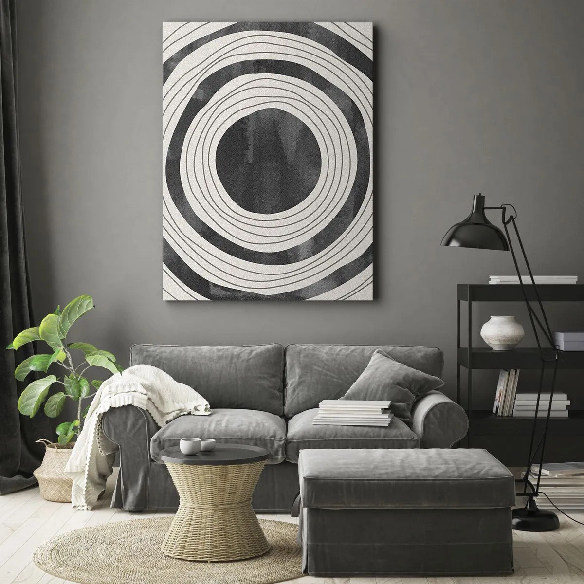 Quadro su tela - Stampe su Tela - Cerchi concentrici bianchi e neri su sfondo chiaro - 70x100cm - Proprio al centro - Decorazione murale moderna per soggiorno e camera da letto ARTTOR