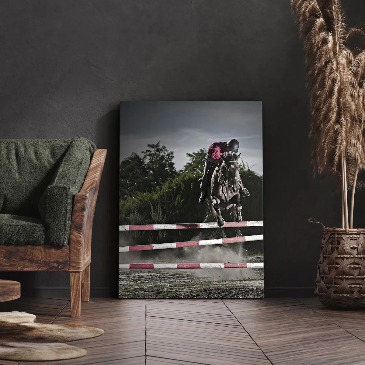 Quadro su tela - Stampe su Tela - Un cavaliere su un cavallo che salta un ostacolo su una pista da corsa - 80x120cm - Insieme fino alla vittoria - Decorazione murale moderna per soggiorno e camera da letto ARTTOR