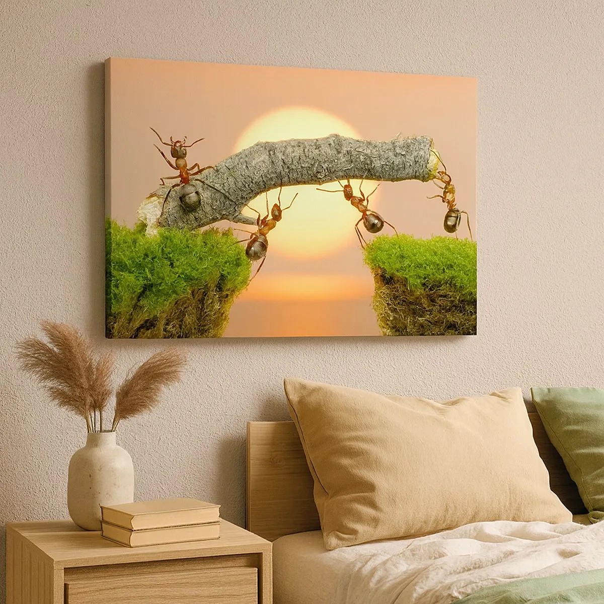 Quadro su tela - Stampe su Tela - Formiche che costruiscono un ponte di rami sullo sfondo del sole al tramonto. - 70x50cm - Gioioso lavoro comune - Decorazione murale moderna per soggiorno e camera da letto ARTTOR
