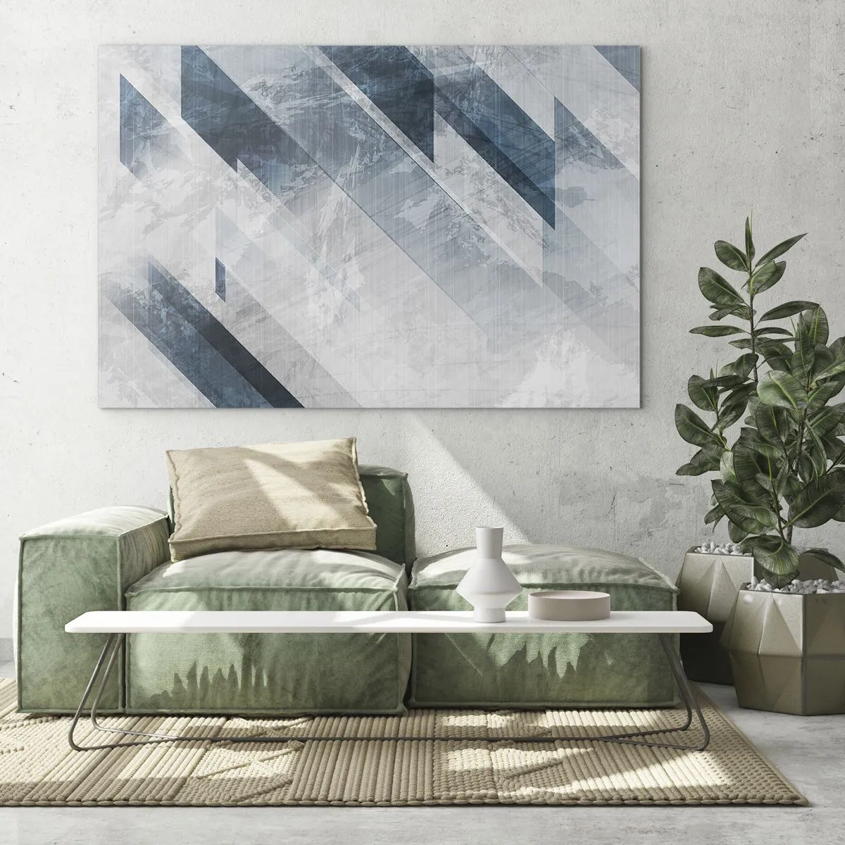 Quadro su vetro - Righe geometriche nei toni del grigio e del blu navy - 100x70cm - Composizione spaziale: movimento in grigio - Decorazione murale moderna per soggiorno e camera da letto ARTTOR