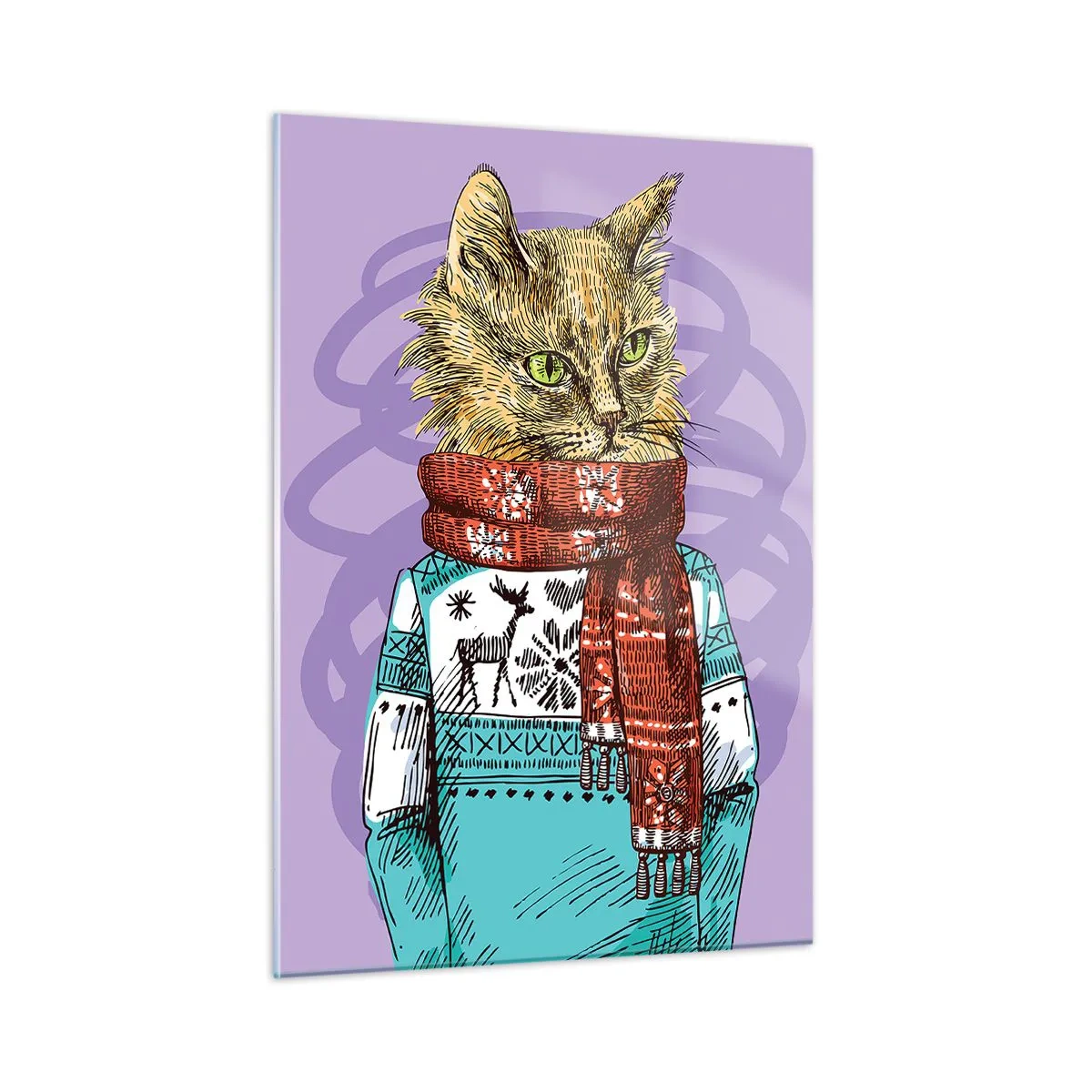 Quadro su vetro - Un gatto con un maglione e una sciarpa su uno sfondo viola - 50x70cm - Un gatto non solo con gli stivali - Decorazione murale moderna per soggiorno e camera da letto ARTTOR