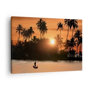 Quadro su tela - Stampe su Tela - Tramonto sulle palme e un lago calmo con una barca - 70x50cm - Il tempo del riposo - Decorazione murale moderna per soggiorno e camera da letto ARTTOR