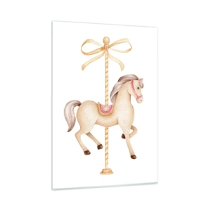 Quadro su vetro - Cavallo da giostra beige con fiocco su sfondo bianco - 50x70cm - Trotto aggraziato - Decorazione murale moderna per soggiorno e camera da letto ARTTOR