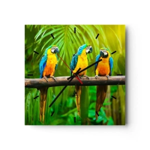 Orologio da parete - Orologio in Vetro - Tre pappagalli colorati su uno sfondo di vegetazione tropicale - 30x30cm - Hai sentito che ha fatto? - Decorazione murale moderna per soggiorno e camera da letto ARTTOR