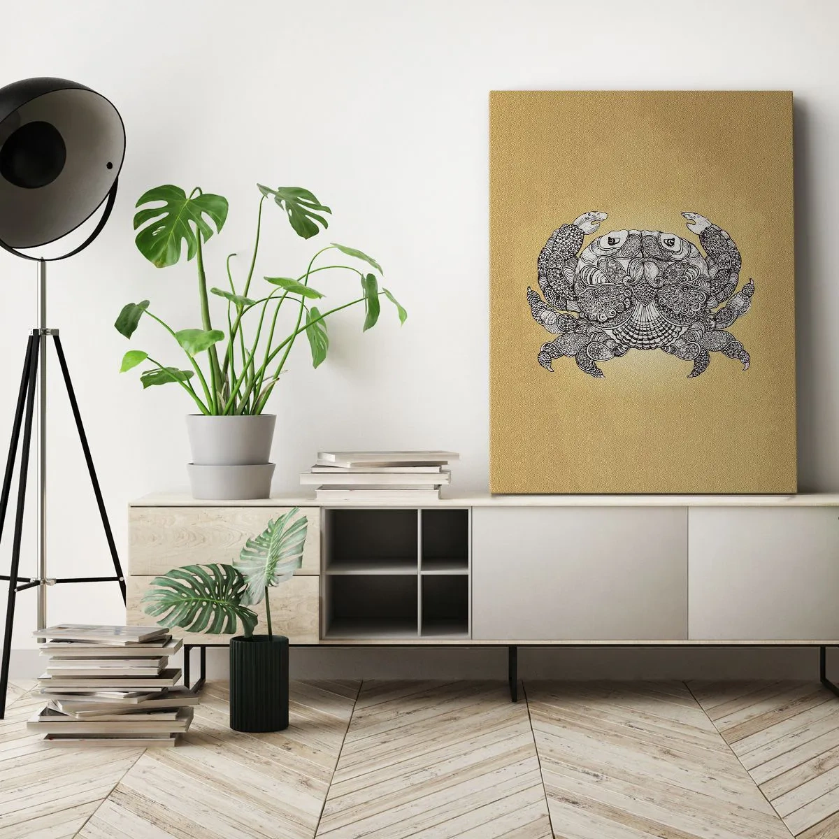 Quadro su tela - Stampe su Tela - Disegno decorativo di un granchio su sfondo dorato - 70x100cm - I racconti del granchio - Decorazione murale moderna per soggiorno e camera da letto ARTTOR