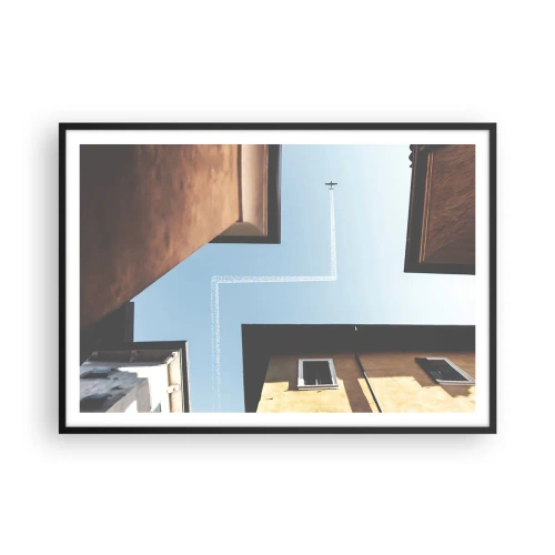 Poster in cornice nera - Vista dell'aereo e della sua scia nel cielo da una prospettiva stradale - 100x70cm - Sopra il labirinto urbano - Decorazione murale moderna per soggiorno e camera da letto ARTTOR