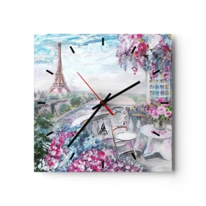 Orologio da parete - Orologio in Vetro - Una vista romantica di Parigi con la Torre Eiffel e un balcone pieno di fiori - 30x30cm - Bellissimo qui a maggio - Decorazione murale moderna per soggiorno e camera da letto ARTTOR