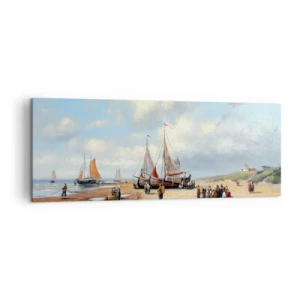 Quadro su tela - Stampe su Tela - Barche da pesca sulla spiaggia con figure umane - 140x50cm - Dopo una buona pesca - Decorazione murale moderna per soggiorno e camera da letto ARTTOR