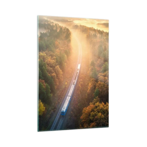 Quadro su vetro - Un treno in una foresta autunnale all'alba - 80x120cm - Viaggio autunnale - Decorazione murale moderna per soggiorno e camera da letto ARTTOR