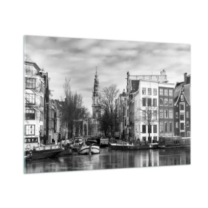 Quadro su vetro - Vista in bianco e nero di un canale di Amsterdam - 100x70cm - Atmosfera di Amsterdam - Decorazione murale moderna per soggiorno e camera da letto ARTTOR