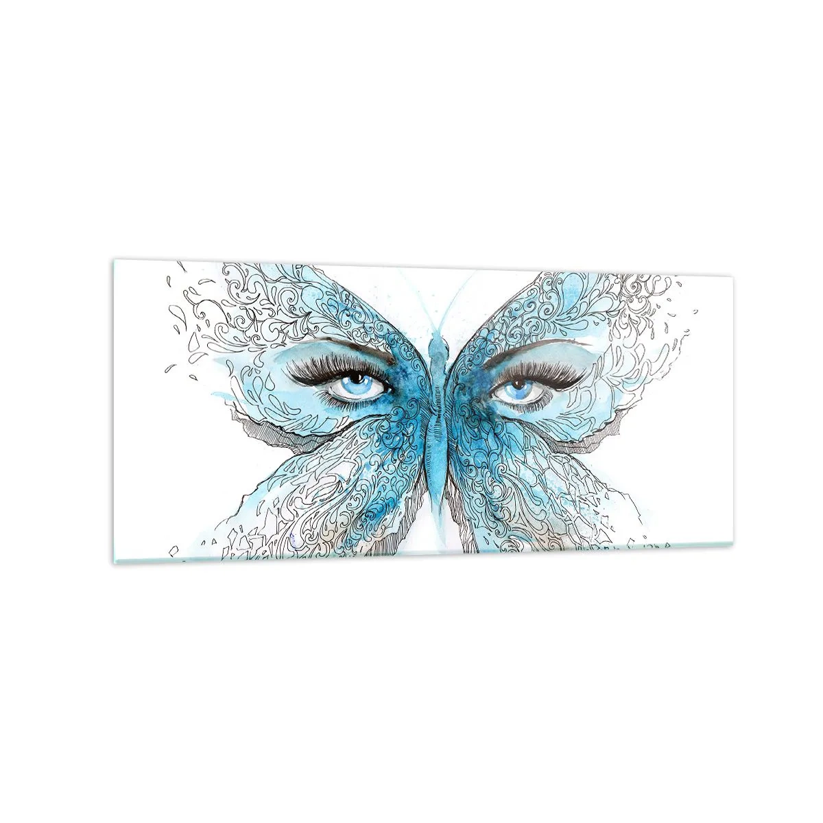 Quadro su vetro - Acquerello artistico di una farfalla con gli occhi azzurri - 120x50cm - Argo azzurro - Decorazione murale moderna per soggiorno e camera da letto ARTTOR