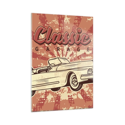 Quadro su vetro - Grafica retrò di un'auto d'epoca su uno sfondo di raggi - 50x70cm - E alla radio Elvis - Decorazione murale moderna per soggiorno e camera da letto ARTTOR