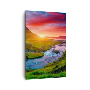 Quadro su tela - Stampe su Tela - Cascata pittoresca e montagna al tramonto - 80x120cm - Islanda: acqua e fuoco - Decorazione murale moderna per soggiorno e camera da letto ARTTOR