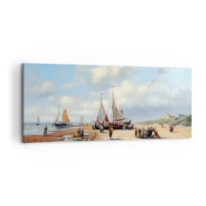 Quadro su tela - Stampe su Tela - Barche da pesca sulla spiaggia con figure umane - 120x50cm - Dopo una buona pesca - Decorazione murale moderna per soggiorno e camera da letto ARTTOR