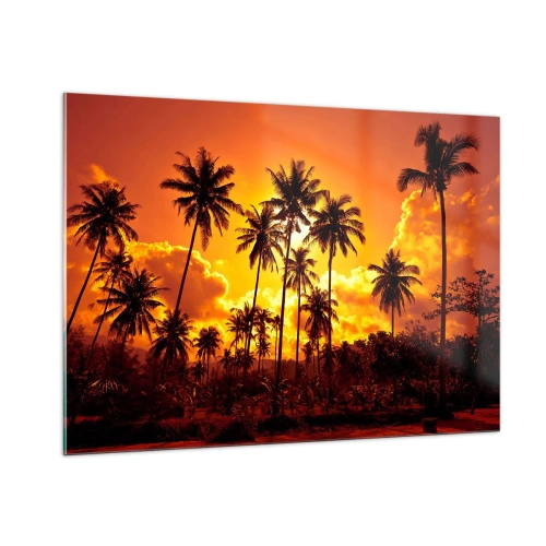 Quadro su vetro - Palme sullo sfondo di un tramonto infuocato - 100x70cm - Bruciano i monti, bruciano i boschi - Decorazione murale moderna per soggiorno e camera da letto ARTTOR