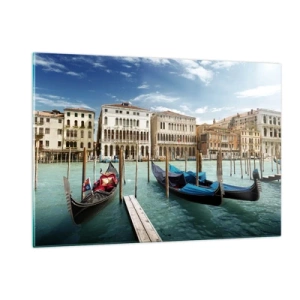 Quadro su vetro - Gondole su un canale a Venezia in una giornata di sole - 120x80cm - Palazzi nel blu - Decorazione murale moderna per soggiorno e camera da letto ARTTOR