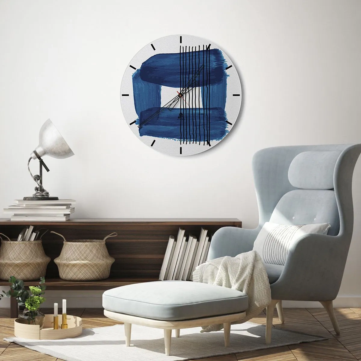 Orologio da parete - Orologio in Vetro - Motivo astratto con vernice blu e linee nere - 30x30cm - Composizione blu e nera - Decorazione murale moderna per soggiorno, cucina e camera da letto ARTTOR