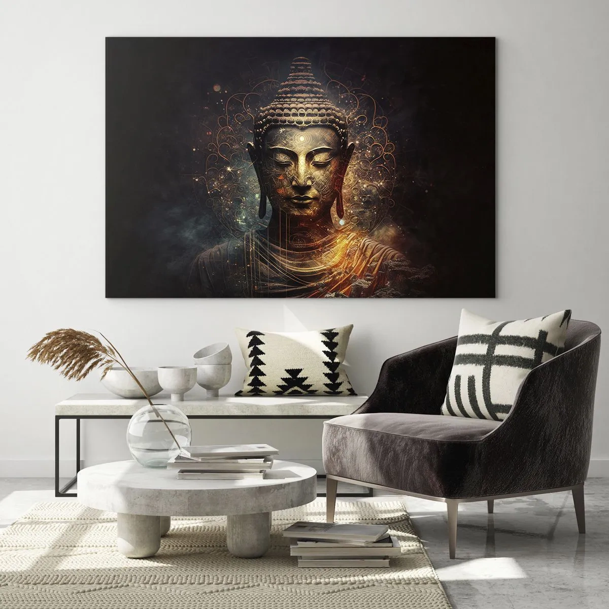 Quadro su vetro - Una figura dorata del Buddha su uno sfondo scuro con ornamenti - 120x80cm - Equilibrio spirituale - Decorazione murale moderna per soggiorno e camera da letto ARTTOR