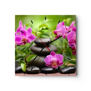 Orologio da parete - Orologio in Vetro - Orchidee rosa con pietre su sfondo verde - 30x30cm - Piramide di pace - Decorazione murale moderna per soggiorno e camera da letto ARTTOR