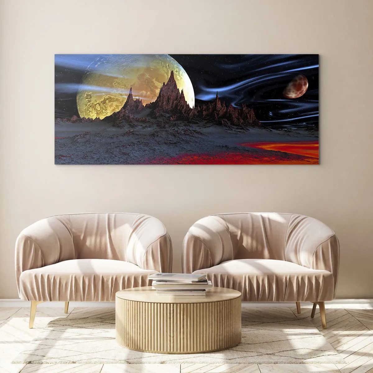 Quadro su vetro - Un paesaggio fantastico con pianeti e scenari vulcanici - 140x50cm - Un mondo sconosciuto - Decorazione murale moderna per soggiorno e camera da letto ARTTOR