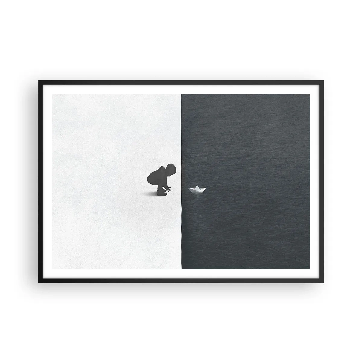 Poster in cornice nera - La figura di un bambino con una barchetta di carta su uno sfondo di metà contrastanti - 100x70cm - La grande spedizione - Decorazione murale moderna per soggiorno e camera da letto ARTTOR