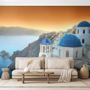 Fotomurali Autoadesivo Deluxe Sticker - Santorini: aggrappate alle rocce - Paesaggio, Grecia, Santorini - 100x70 cm