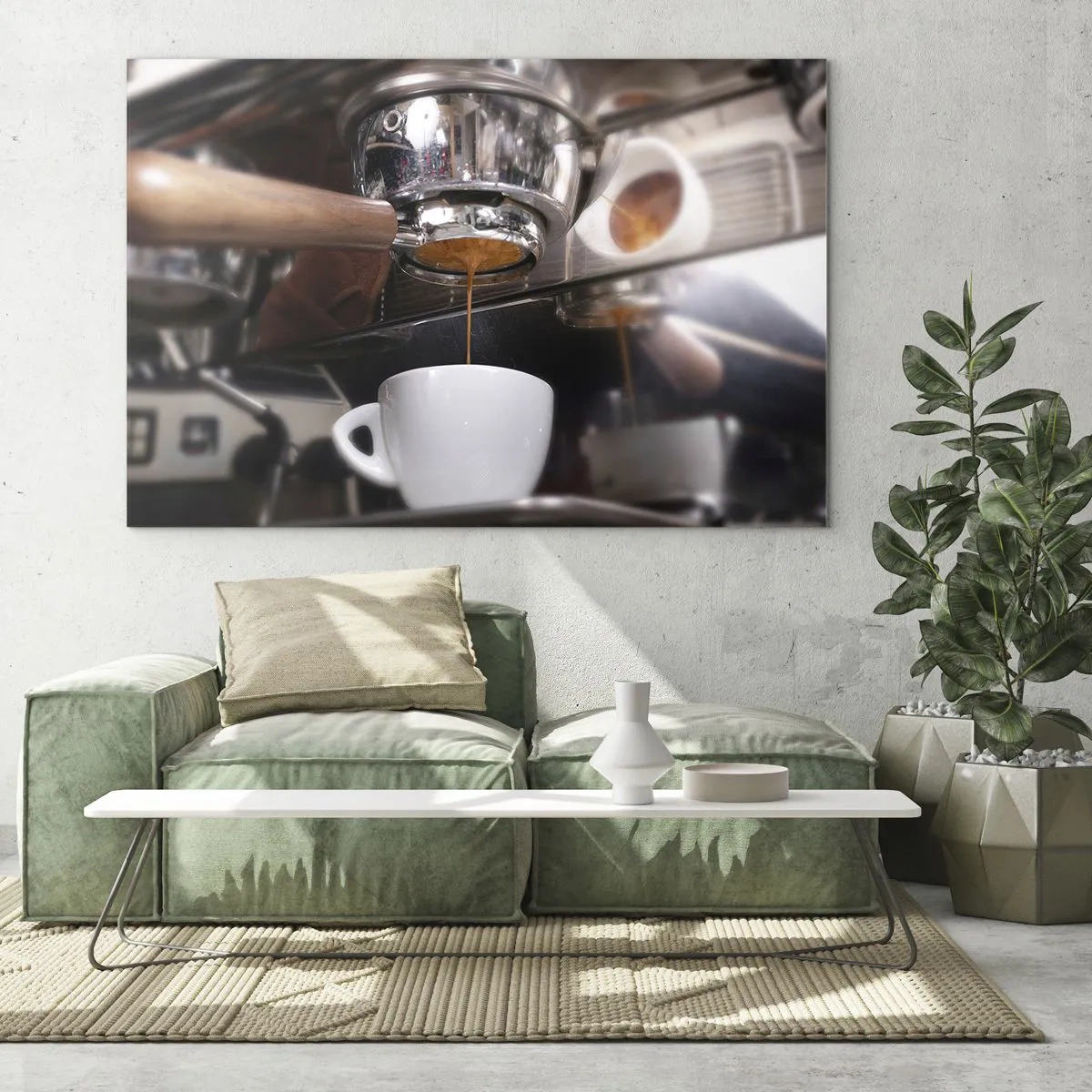 Quadro su vetro - Primo piano di una tazza di caffè versata da una macchina per il caffè a pressione - 120x80cm - Il miglior momento della giornata - Decorazione murale moderna per soggiorno e camera da letto ARTTOR
